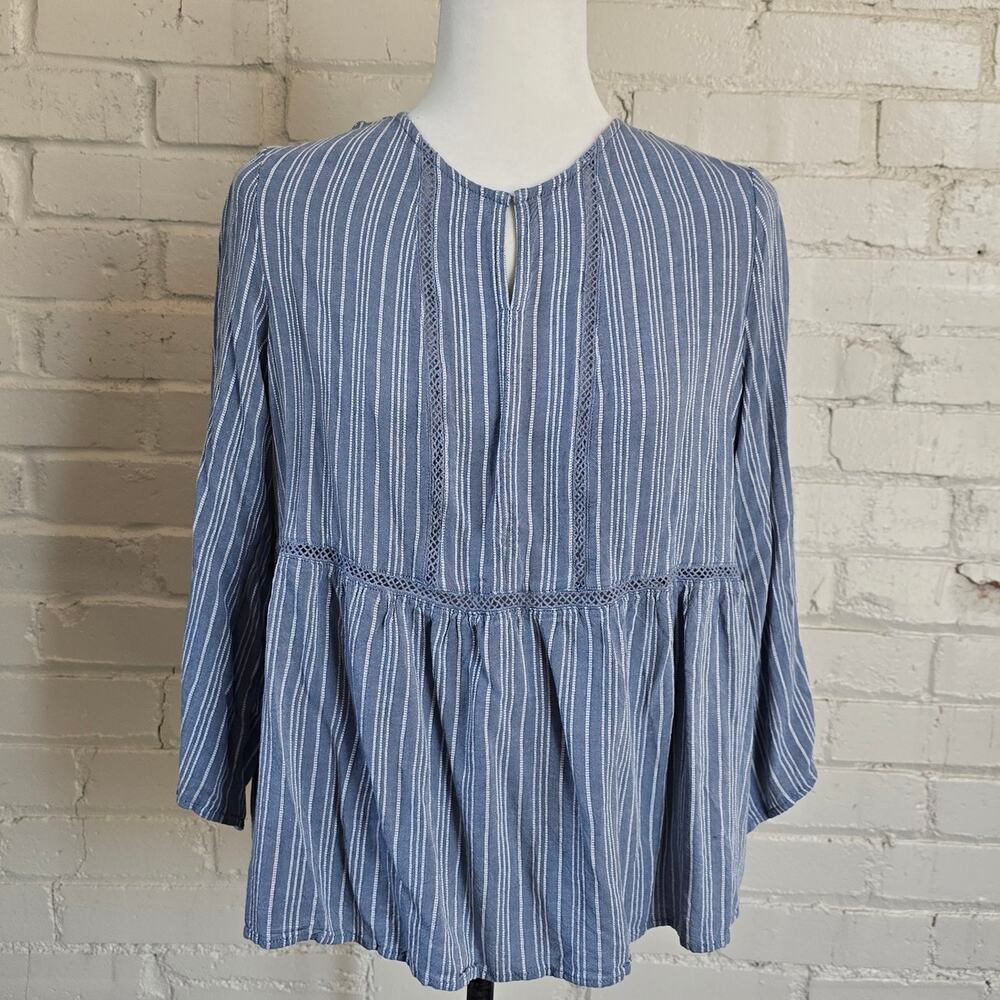 Fever Coastal Cowgirl Blue White Stripe Boho Blouse┃Peplum, Crochet & Rayon LRG
